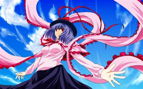 Video Games Clouds Touhou Skirts Ribbons Outdoors Blue Hair Red Eyes Short Hair