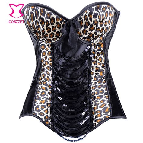 Black Satin And Leopard With Sequin Bustier Corset Overbust Waist Trainer Push Up Corsets