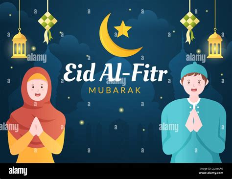 Happy Eid Ul Fitr Mubarak Background Illustration Muslim People