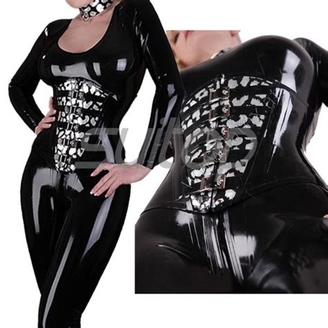 suitop high quality women s rubber latex catsuit exclude corset in black color