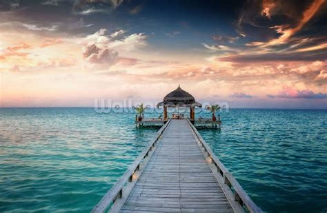 Maldives Jetty Sunrise Wallpaper Wall Mural Wallsauce Uk