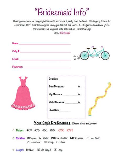 Free Printable Bridesmaid Information Sheet
