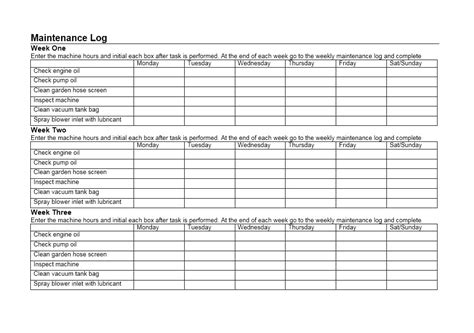 Printable Equipment Maintenance Log Template Excel Templates