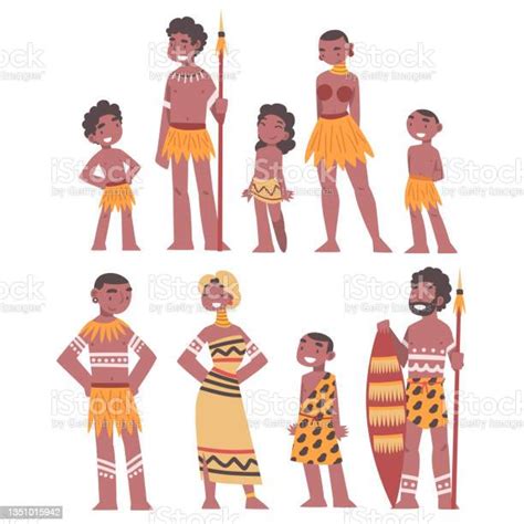 ilustración de hombre y mujer aborígenes africanos vestidos con ropa tribal tradicional conjunto