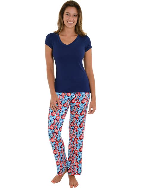 Int Intimate - Womens Pajama Set Blue V-Neck Top Floral Print PJ Pants 