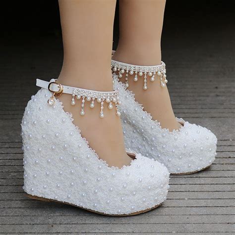 Crystal Queen White Wedges Wedding Pumps Sweet White Flower Lace Pearl