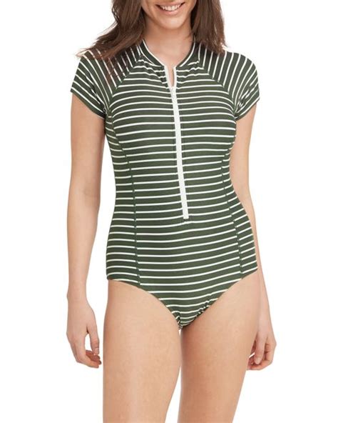 Sea Level Short Sleeve Front Zip One Piece Swimsuit In Green Lyst