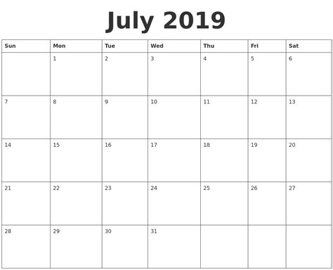 Calendar Blank July Calendar Printable Free