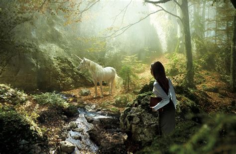 Fantasy Unicorn Trees Forest Landscapes Manip Cg Digital Art Women Mood