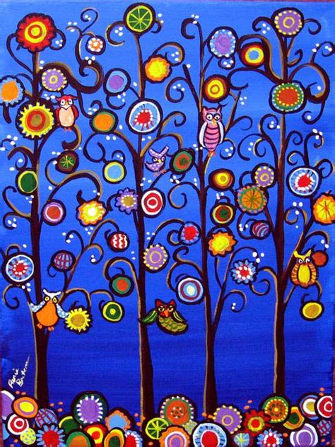 Owls In Trees Whimsical Folk Art By Renie Britenbucher