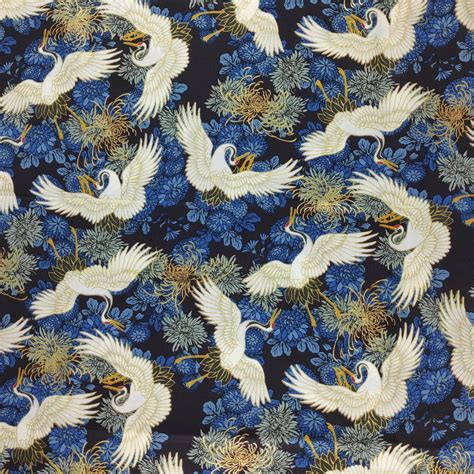 Beautiful Japanese Cotton Fabric Cranes With Blue Floral Print Gold
