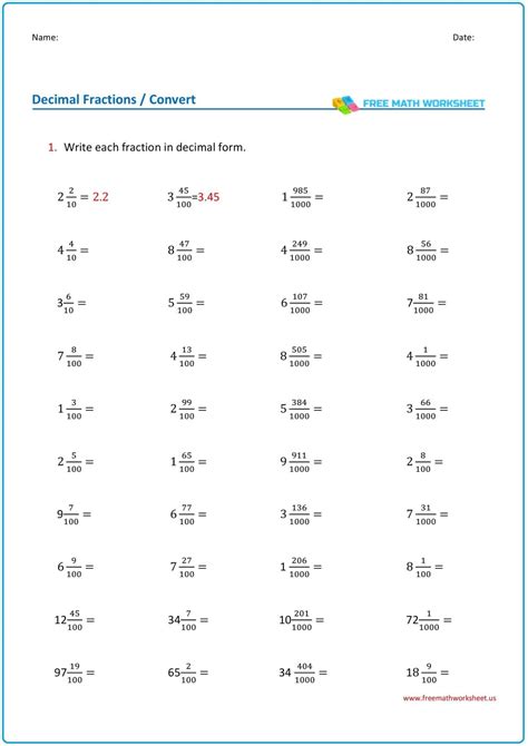 Math Writing Mixed Numbers As Decimals Free Worksheets