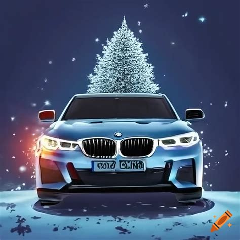 Festive Bmw Car With Christmas Tree On Top