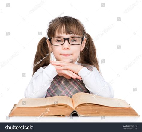 Young Schoolgirl Glasses Read Book Isolated Stock Photo 239421010