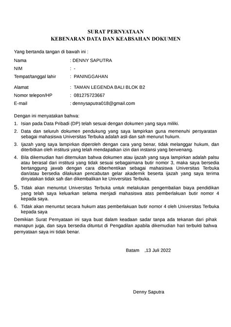 Surat Pernyataan Keabsahan Dokumen Calon Mahasiswa Surat Pernyataan