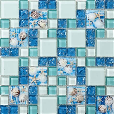 Glass Mosaic Tile Beach Style Sea Blue Glass Tile Mother Of Pearl Green