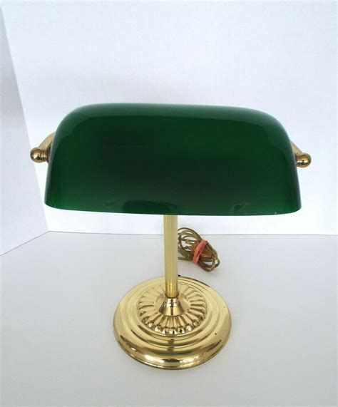 Vintage Bankers Desk Lamp Green Glass Shade Brass Stand Library Piano