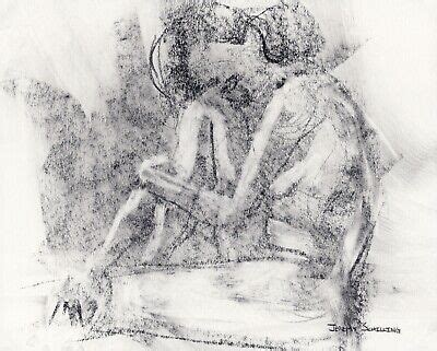 Female Nude Original Graphite Drawing Naked Woman Figure Model Holding