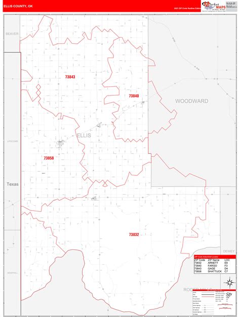 Ellis County Ok Zip Code Wall Map Red Line Style By Marketmaps