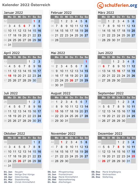 Kalender Österreich 2022 Mit Feiertage