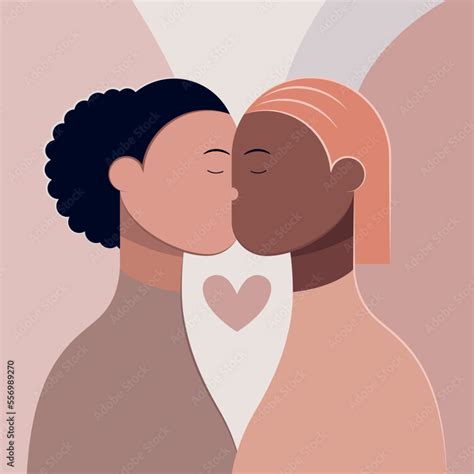 Two Women Kiss Lesbian Female Multiracial Couple Together Lesbian