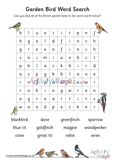 British Garden Bird Word Search