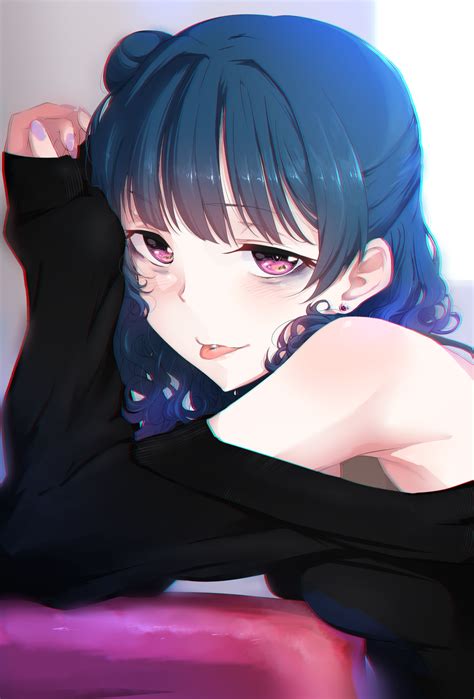 Safebooru 1girl P Armpits Bangs Black Shirt Blue Hair Blush Breast