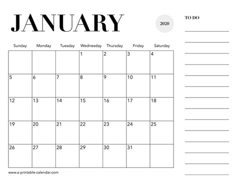 2020 Calendar January A Printable Calendar