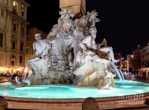 Four Rivers Fountain At Night On Piazza Navona Rome Italy Photograph
