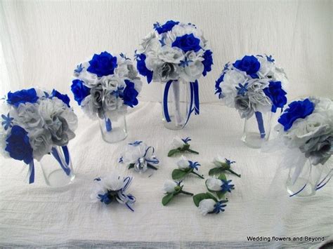 Royal Blue Silver And White Bridal Bouquets Silk Rose Wedding Package