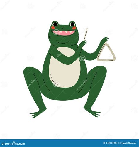 Frog Playing Triangle Cute Cartoon Animal Musician Character Playing