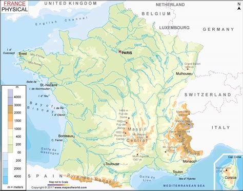 France Physical Map Laminated 36 W X 36 H Office