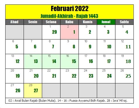 Kalender Islam Hijriyah Bulan Ferbruari 2022 Masehi Lengkap
