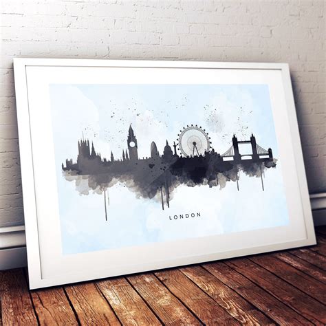 London Skyline Watercolour Abstract Art Print Black On Blue Wash
