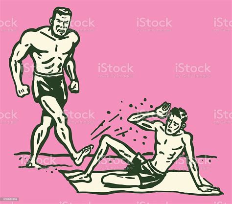 Muscular Man Kicking Sand Onto Skinny Man At Beach Stock Illustration