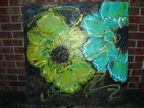 Turquoise And Green Flower Texture Abstract Acrylic Art On