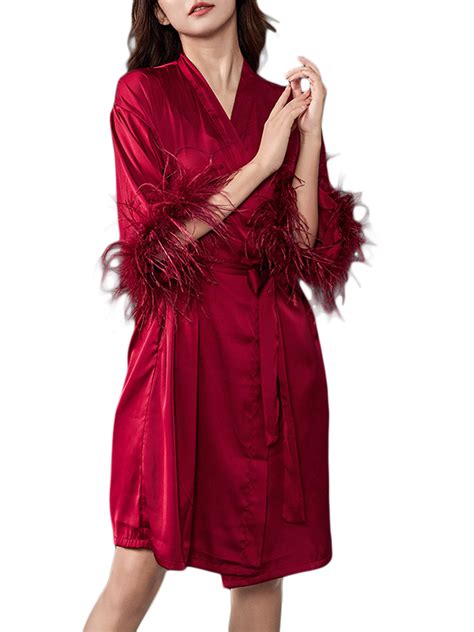 sunsiom women feather fur robe silk satin bridal dressing gown sexy lingerie nightgown bathrobe