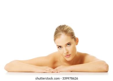 Portrait Nude Woman Sitting Desk Looking Stock Photo
