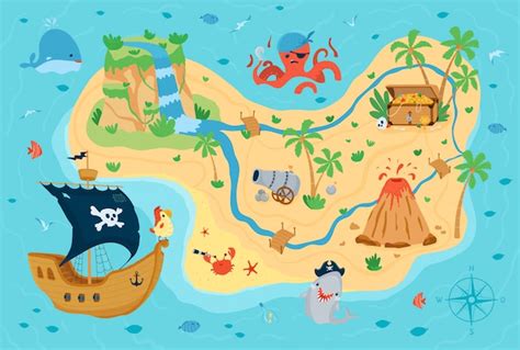 Mapa Del Tesoro Pirata Para Niños En Estilo De Dibujos Animados Lindo