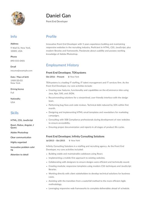 Over five years, i have worked with html, css, and javascript in order to build new websites or to make enhancements to a client's existing websites based off their marketing and ux needs. Front-End Developer Resume & Guide (With images) | Resume examples, Resume guide, Development