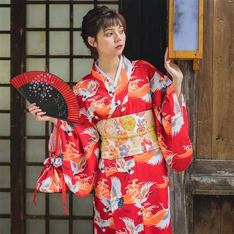 Red Crane Traditional Women Kimono Gown Vintage Japanese Yukata Print Girl Dress Cosplay Clothes