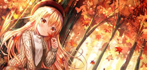 Download 4066x1940 Pretty Anime Girl Autumn Sitting Trees Fall Smiling Cute Wallpapers