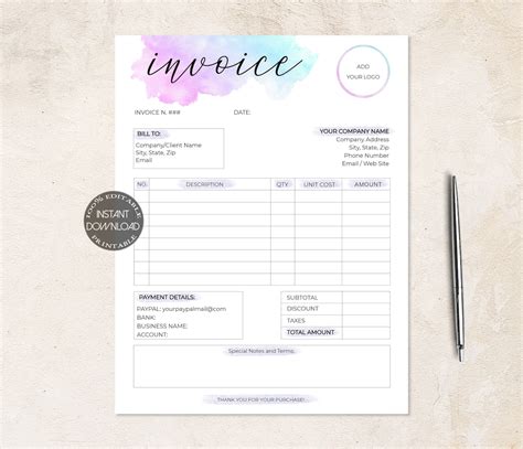 Invoice Template Photography Invoice Editable Billing Form Etsy