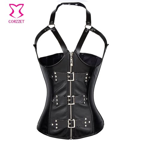 Corzzet Black Leather Open Cup Front Zipper Blucke Steampunk Underbust