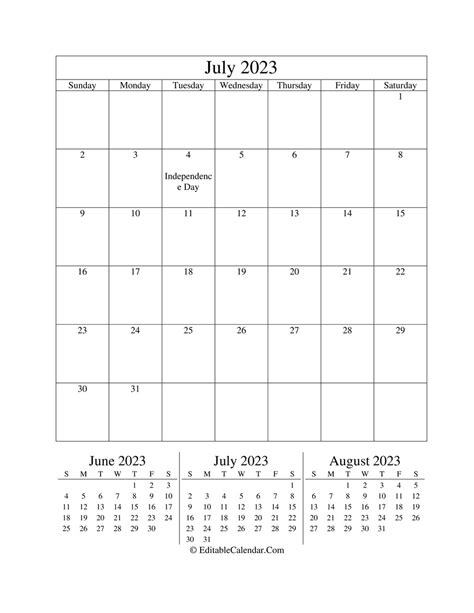 Editable Calendar July 2023