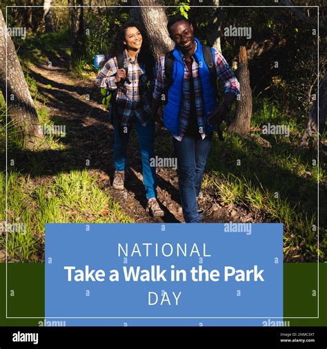National Take A Walk In The Park Day Text Over Happy Diverse Couple