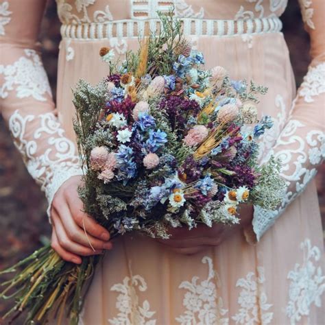 blue lavender and larkspur dried bridal bouquet dry flower bouquet wedding rustic boho and