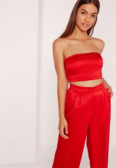 Missguided Bandeau Satin Top Red In Red Lyst