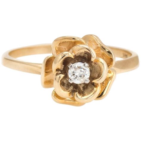 Vintage Diamond Ring Rose Flower 14 Karat Gold Estate Fine Jewelry