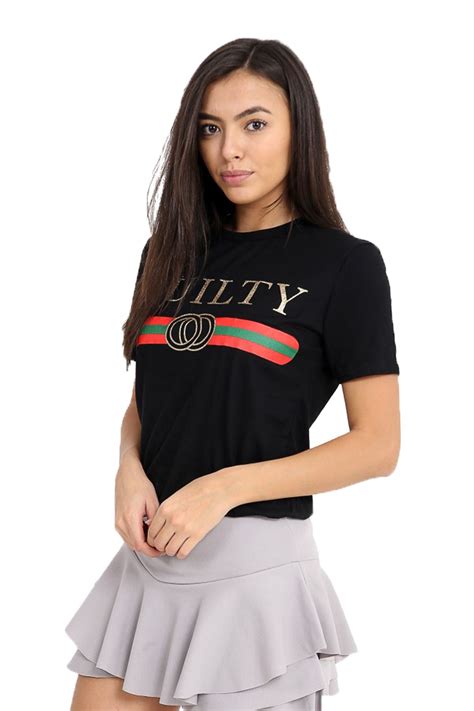 Womens Designer Inspired Short Sleeve Guilty Graphic Print Slogan Top T Shirt Ebay